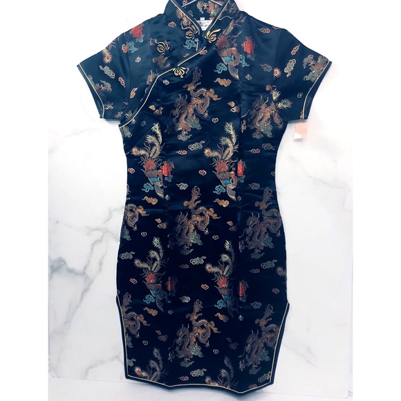 Vintage Dress Cheongsam Cocktail Black Brocade dragon gold motif sheath Lux LBD - Picture 2 of 16